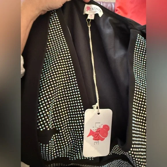 L’ATISTE Rhinestone Cape Mini Dress Black Plunging V Neck Party Cocktail Size M - Picture 7 of 9